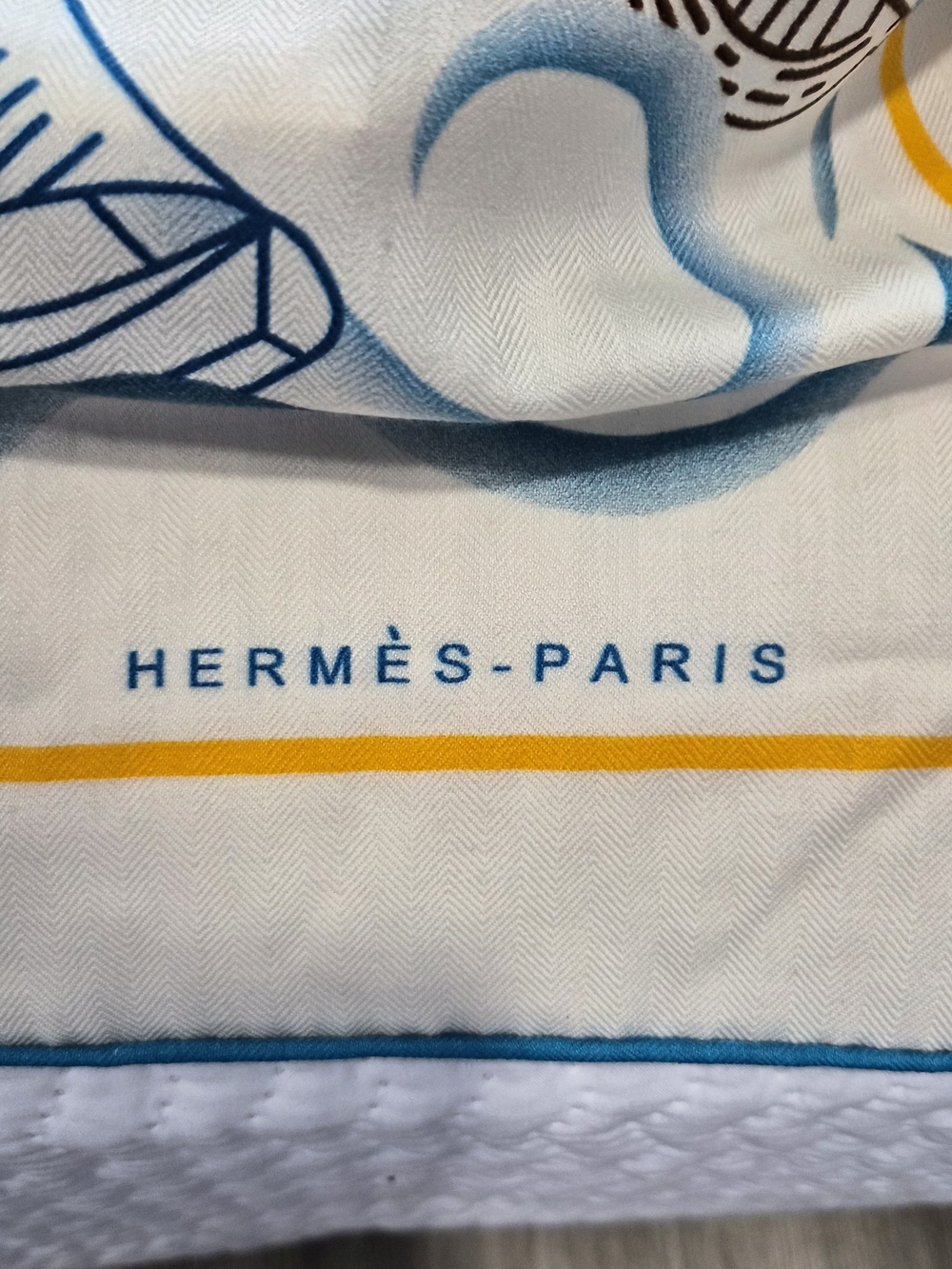 Hermès White Scarf with Blue and Yellow Motif